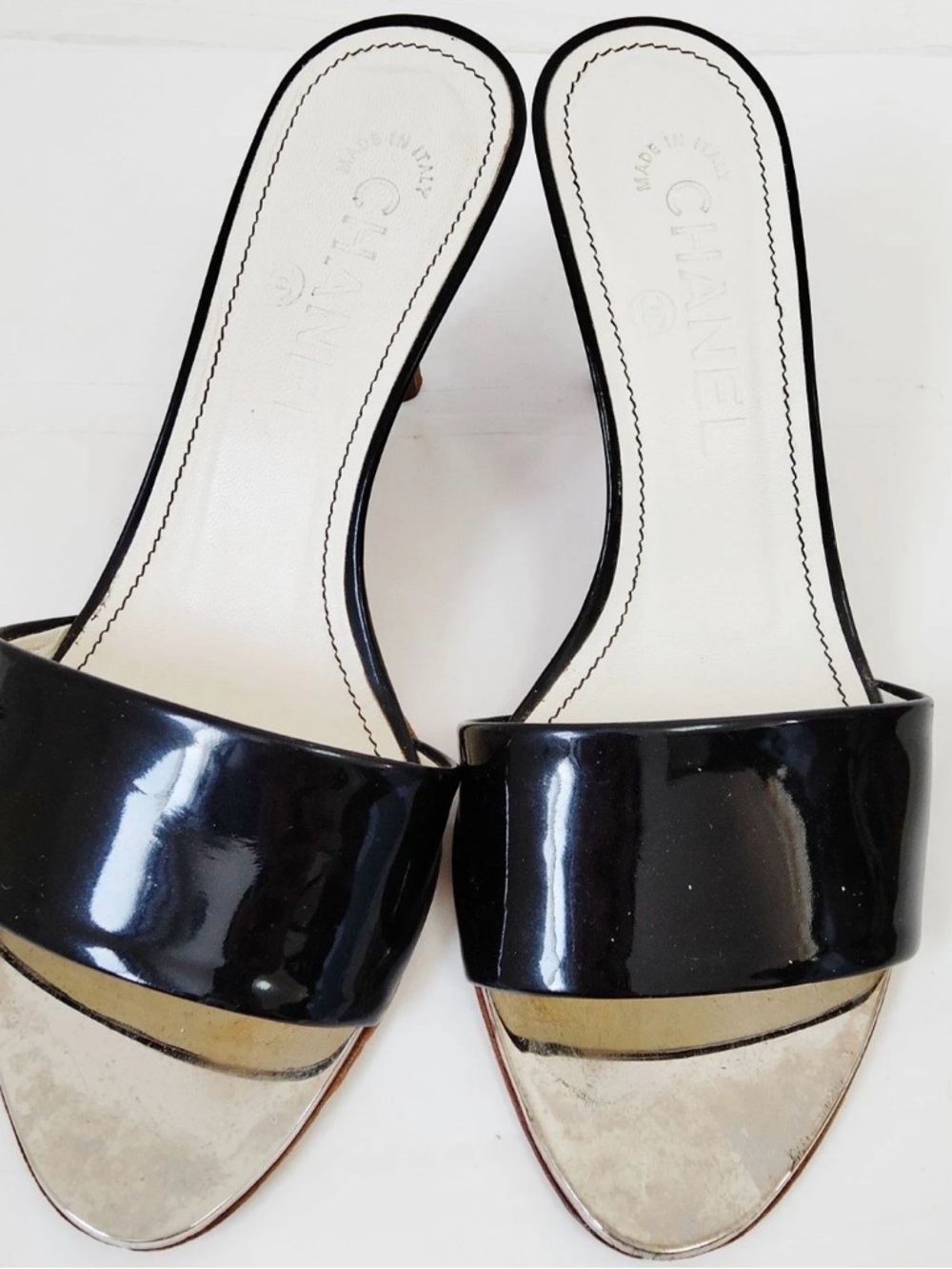 CHANEL Black Patent Slide Mules with Silver Toe Detail
